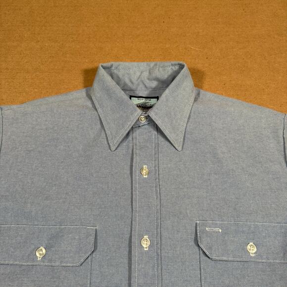 Vintage 70s Blue Chambray Short Sleeve Work Shirt Double Pocket USA Made M - Picture 2 of 8